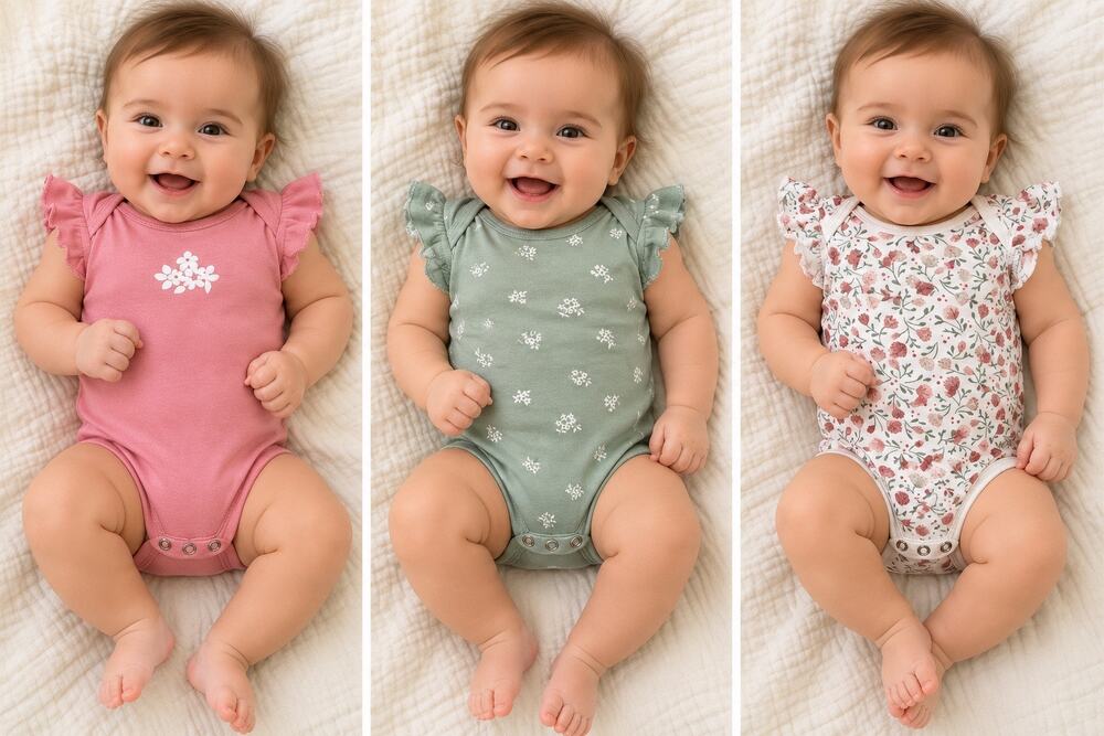 Wonderluxe Baby Girl 3-6M Bundle 3 Flutter Sleeve Onesies Floral Pink Sage